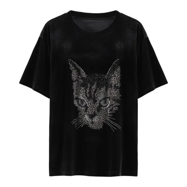 Cat Head Rhinestone Customized Velvet Short Sleeve Black - Shop at LoveMi