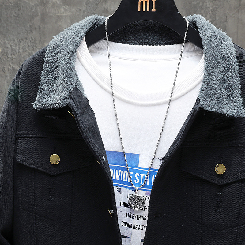 Teenager Personality Ripped Holes Plus Fleece Denim Jacket