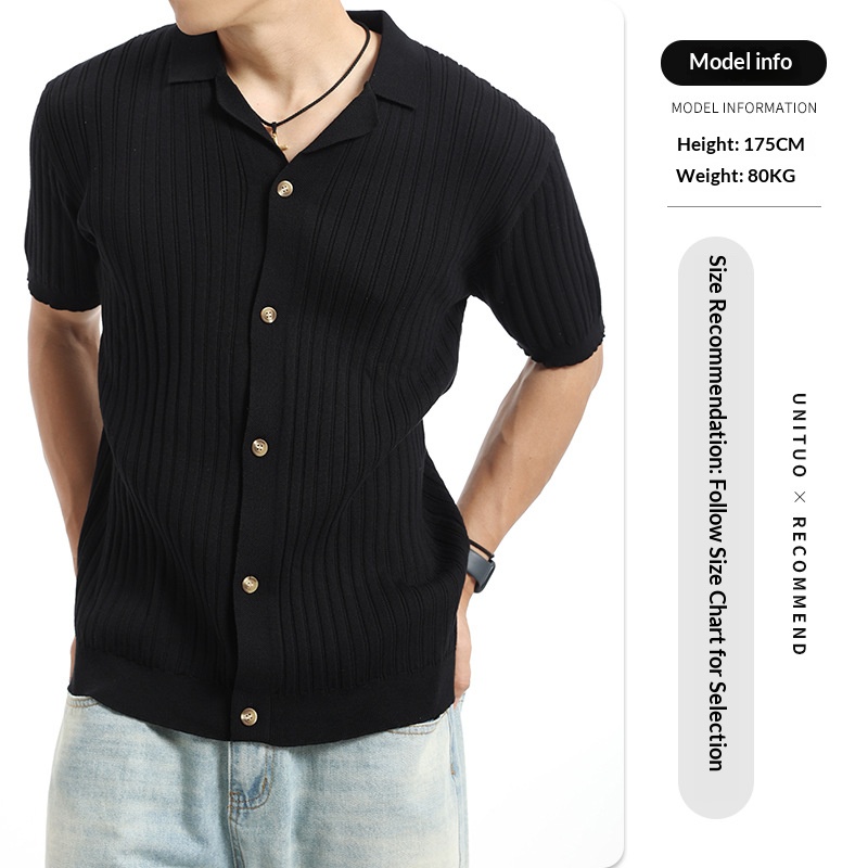 Old Money Style Men's Lapel Ice Silk POLO Knit Cardigan, Light Luxury Textured Loose Casual Men's Short-Sleeve Top