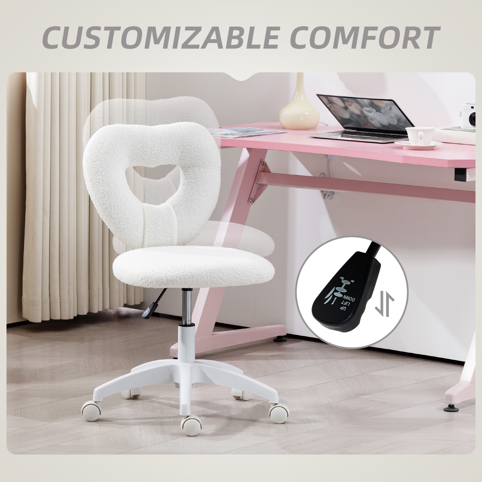 Armless Heart-shaped Computer Desk And Chair, Teddy Velvet Rotating Office