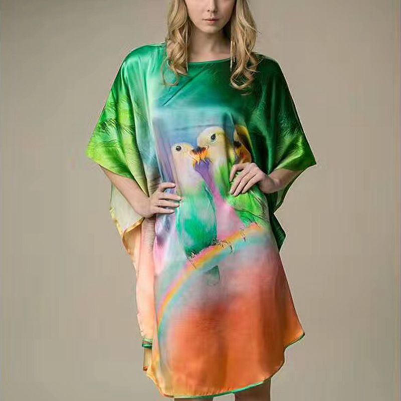 Inkjet Bat Shirt Women's Spring And Summer Home Service New Style Silk Silk Pajamas Nightdress Loose