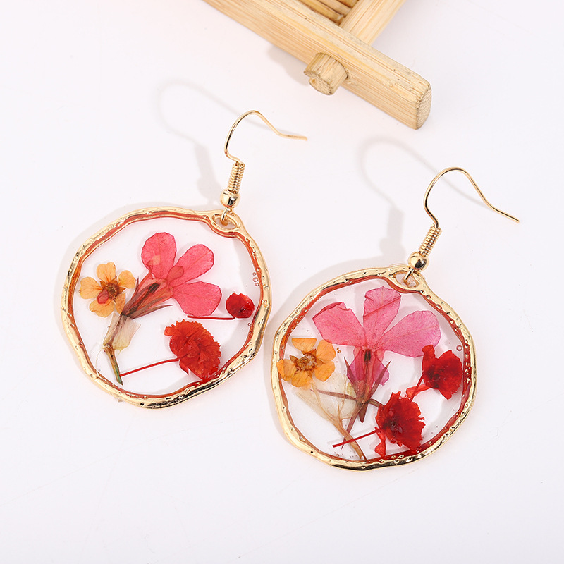 Gold Flower Earrings Dried Glue Flower