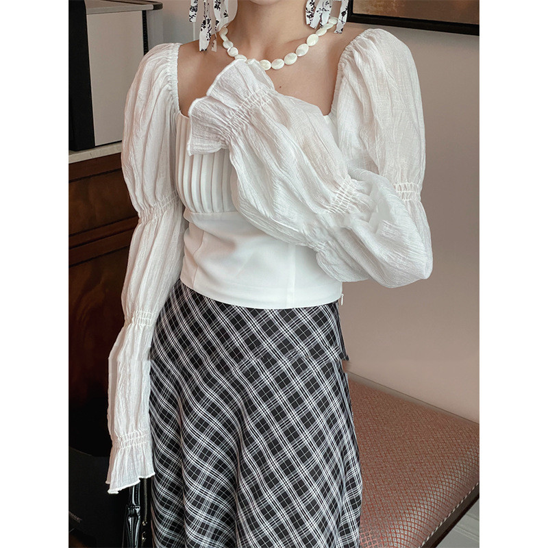 Fashion Puff Sleeve Stretch Plaidcropped