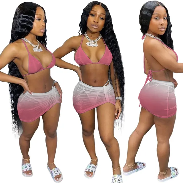 Fashion Sexy Summer Gradient Bikini Halterneck Swimsuit Pink - Shop at LoveMi