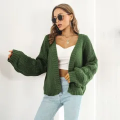 Puff Sleeve Cardigan Sweater Women Clothes Front Chunky Knitwear Coat - Green - View 1