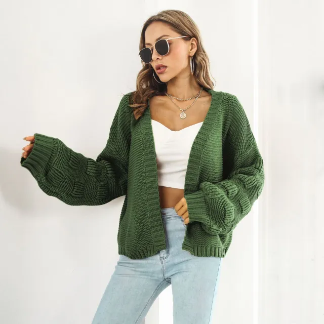 Puff Sleeve Cardigan Sweater Women Clothes Front Chunky Knitwear Coat Army Green - Shop at LoveMi