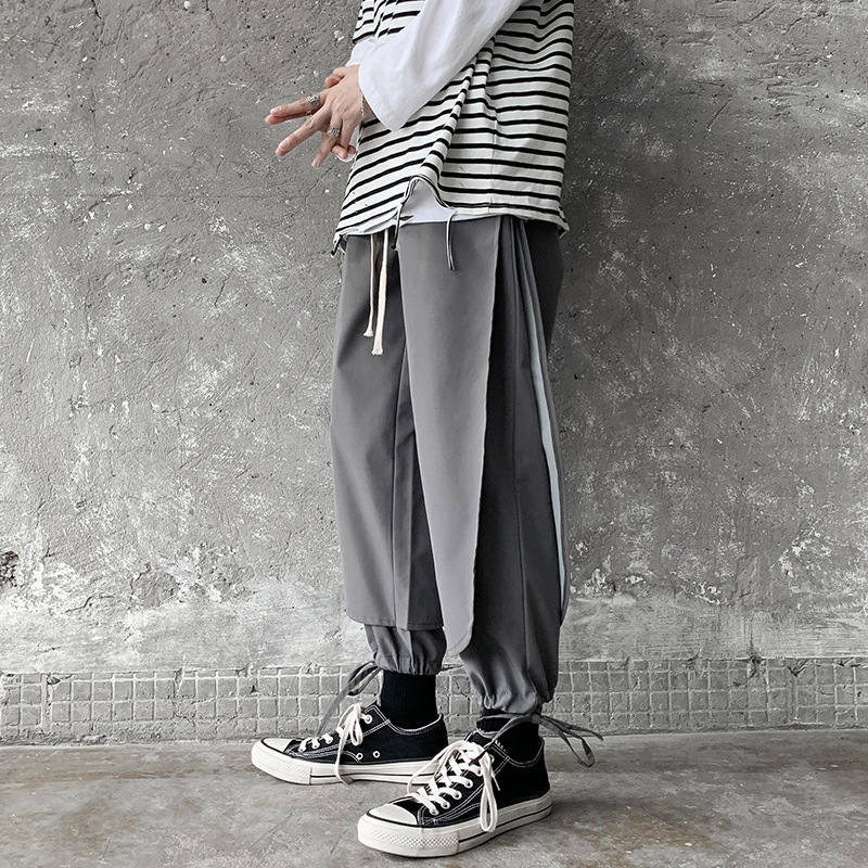 New Loose Workwear Drawstring Splice Straight Crop Pants For Men
