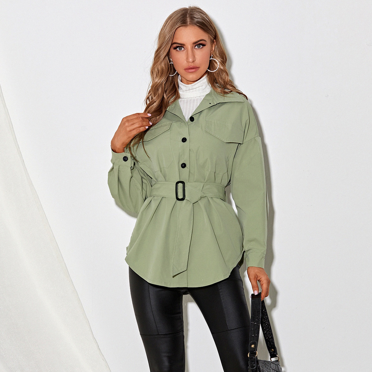 Casual With Belt Fashion Macaron Solid Color Shirt Jacket Women Light Green - Shop at LoveMi
