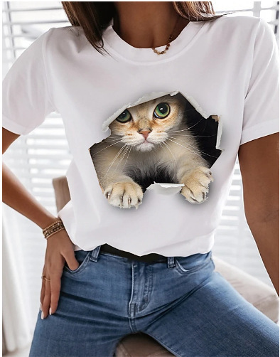 Title 4, New Personality Letter Cat Print Ladies T-shirt