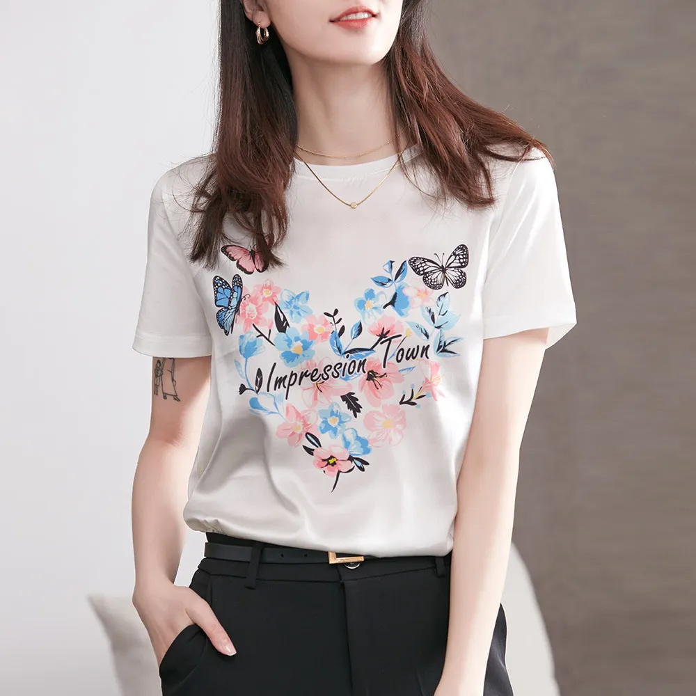 Silk T-shirt Women Short-sleeved Butterfly Love Printing Heavy Satin Stitching - White