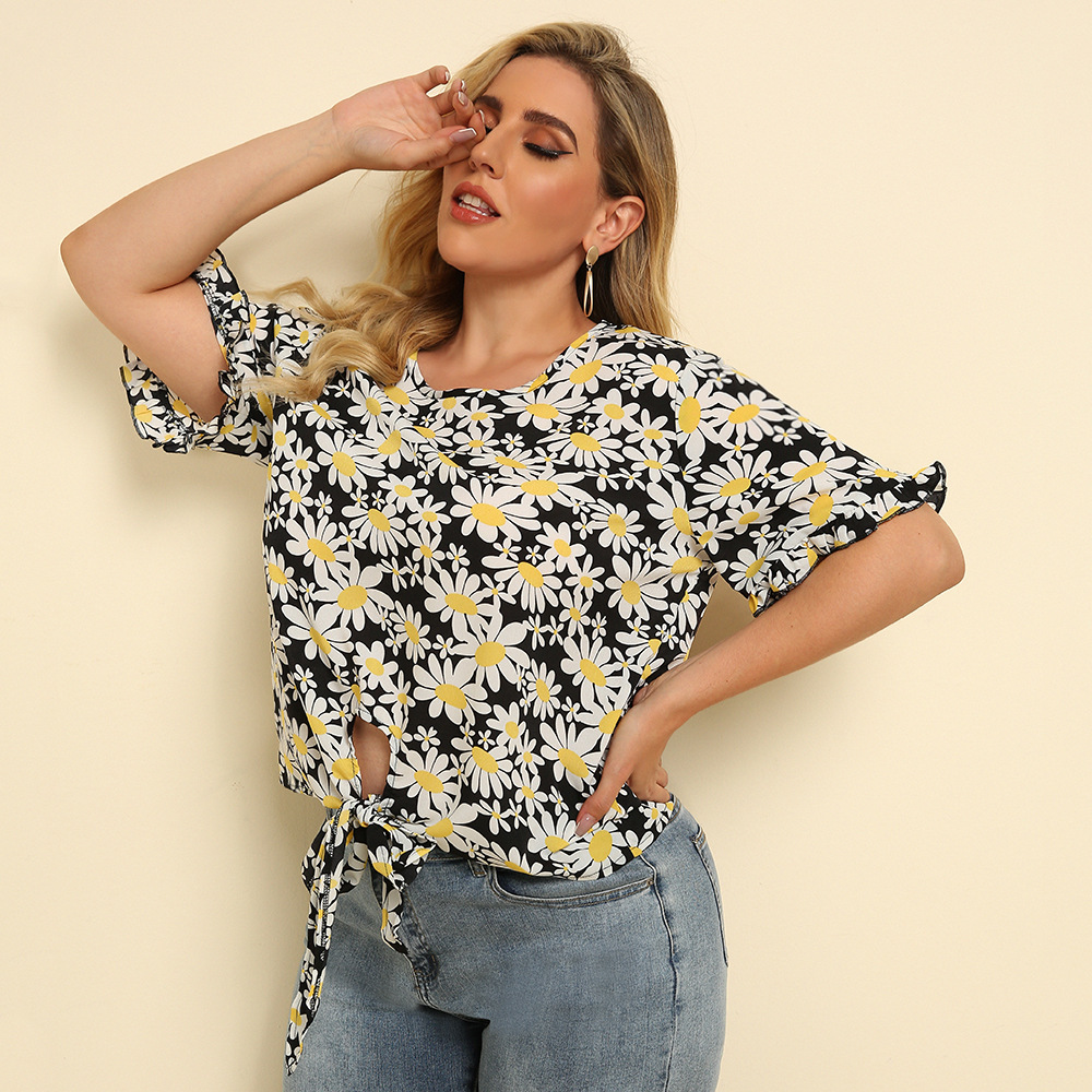 Large Size Women's Round Neck Loose Tie T-shirt Small Daisy Print Top