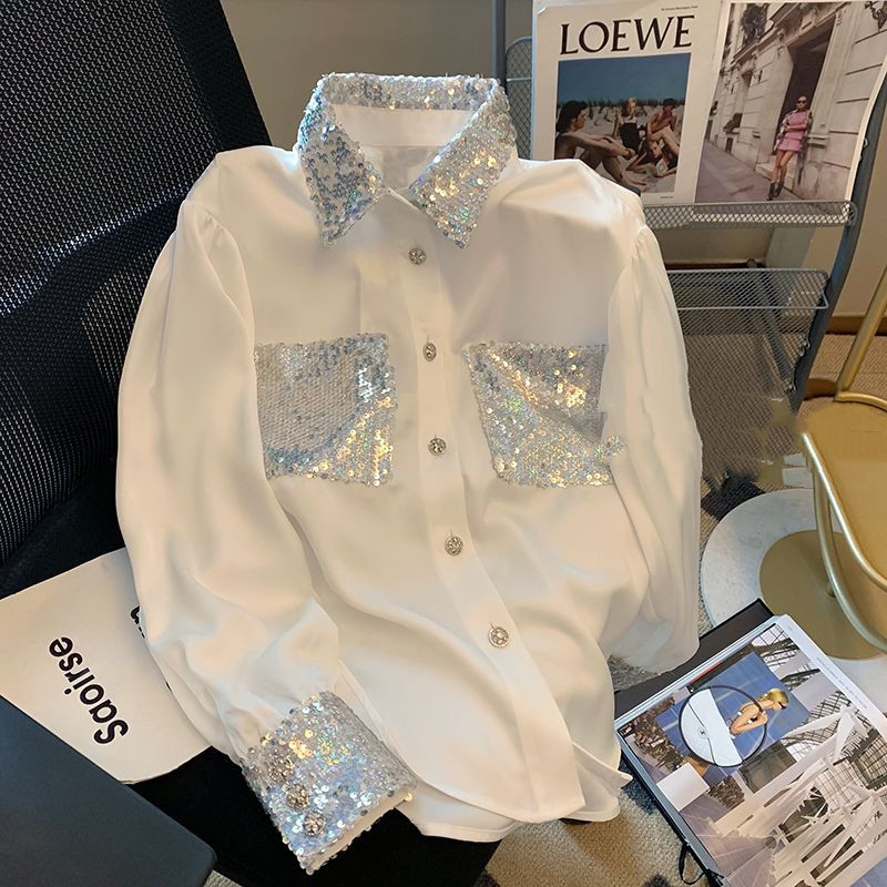 Title 3, Womens Spliced Sequin White Blouse for a glamo...