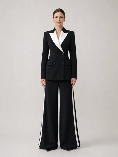 Black Double-Breasted Contrast Satin Lapel Suit Two-Piece Set