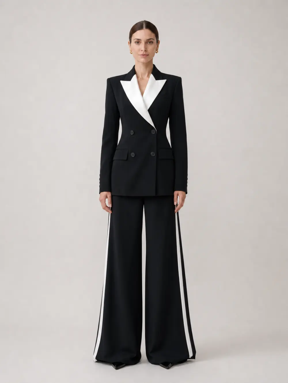 Black Double-Breasted Contrast Satin Lapel Suit Two-Piece Set