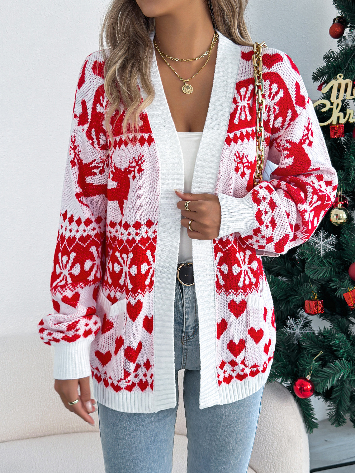 Christmas Deer Pocket Long Sleeve Cardigan Sweater Coat thumbnail 3