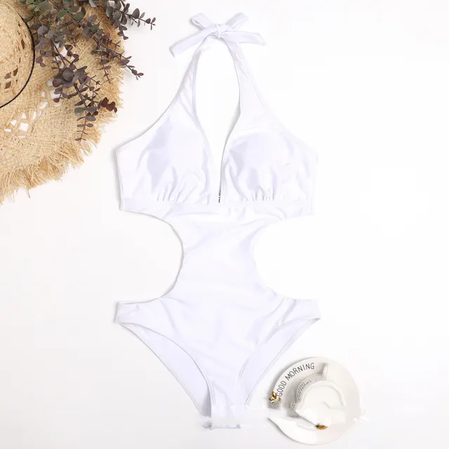 Simple Solid Color Hollow One piece Bikini Swimsuit White - Shop at LoveMi