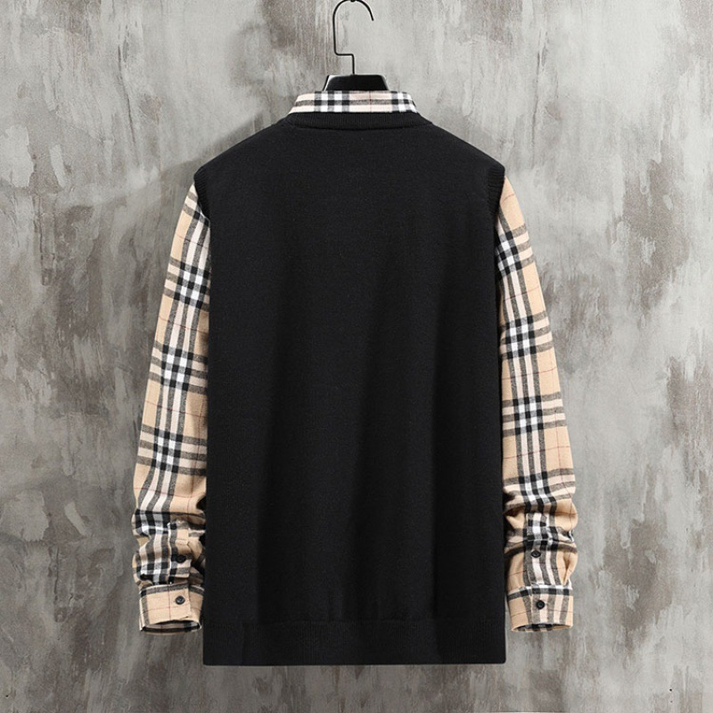 Men's Fashion Casual Pullover Fake Two Piece Knit Plaid Long Sleeve Shirt
