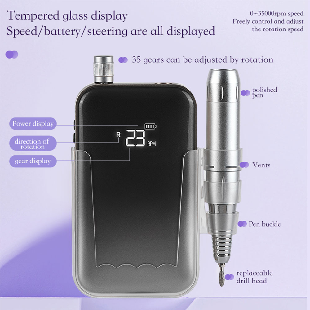 Professional Electric Nail Drill, 45000 RPM Cordless Rechargeable E-File Machine, With 12 Bits, Sanding Bands, LCD Display For Acrylic Gel Nails 3