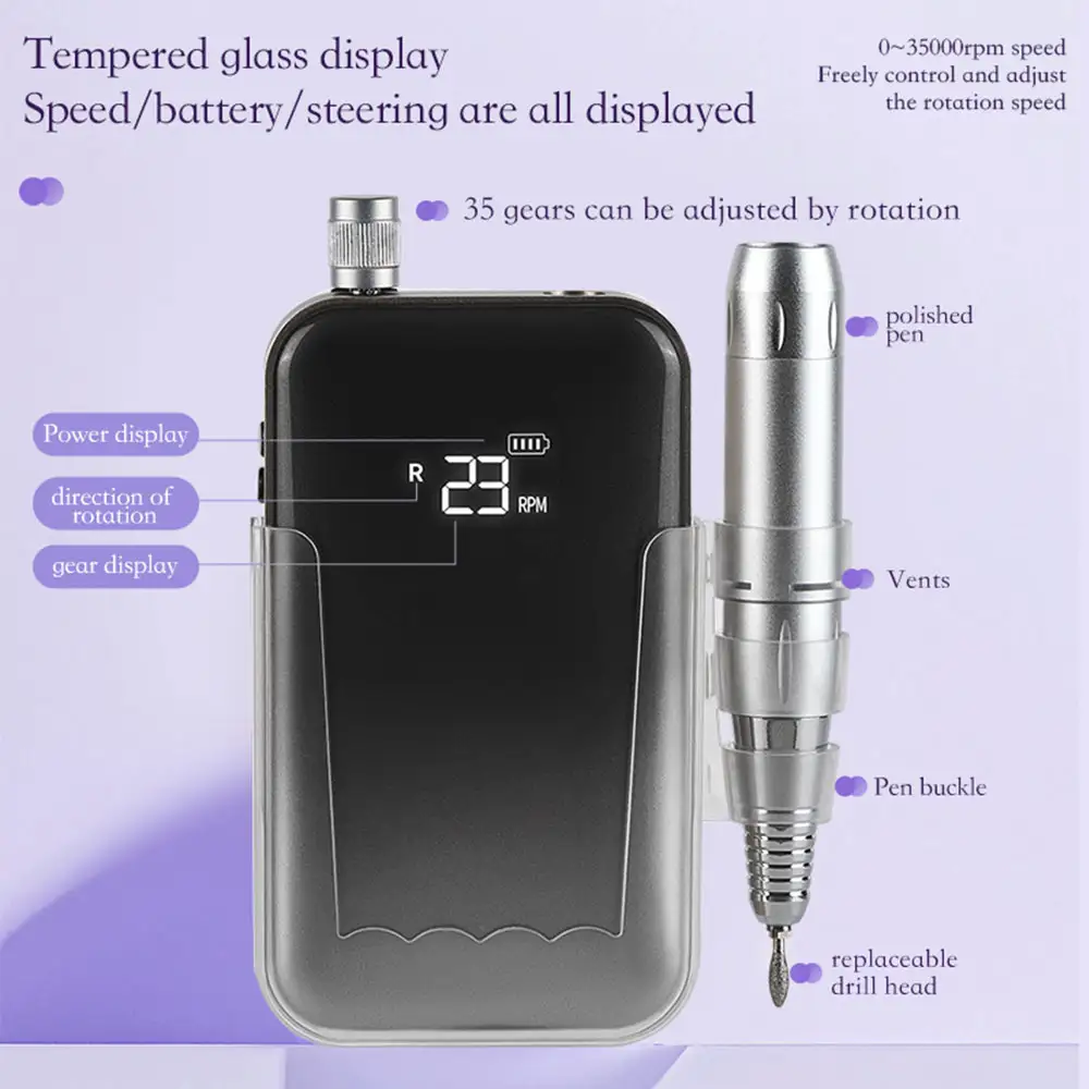 Professional Electric Nail Drill, 45000 RPM Cordless Rechargeable E-File Machine, With 12 Bits, Sanding Bands, LCD Display For Acrylic Gel Nails