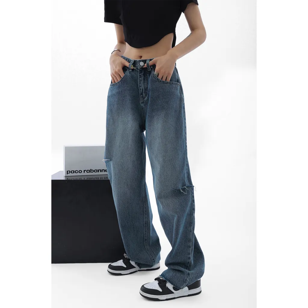 Loose High Street Wide-leg Straight-leg Trousers - Blue