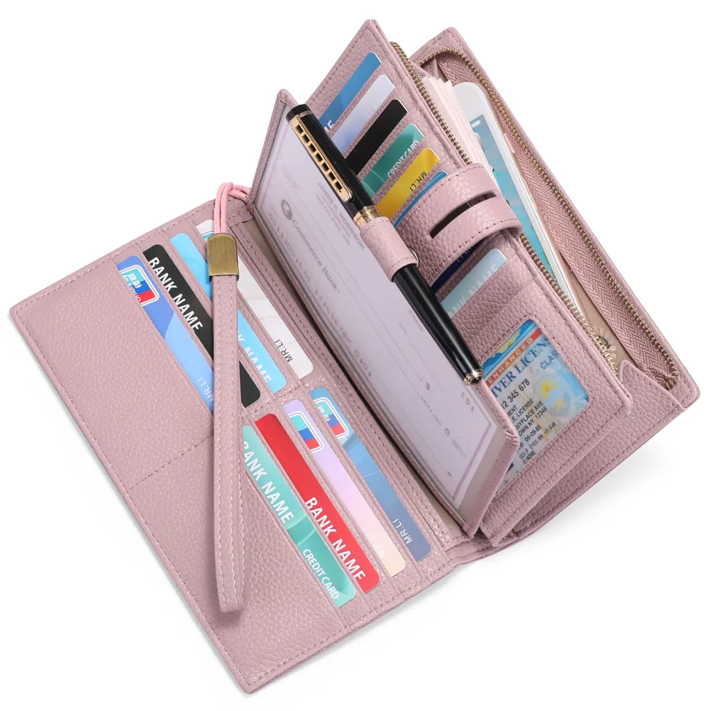 Head Layer Cowhide Long Multi Card Wallet - Pink