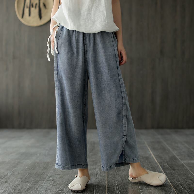 Women's Retro Plus Size Denim Pleated Wide Leg Pants