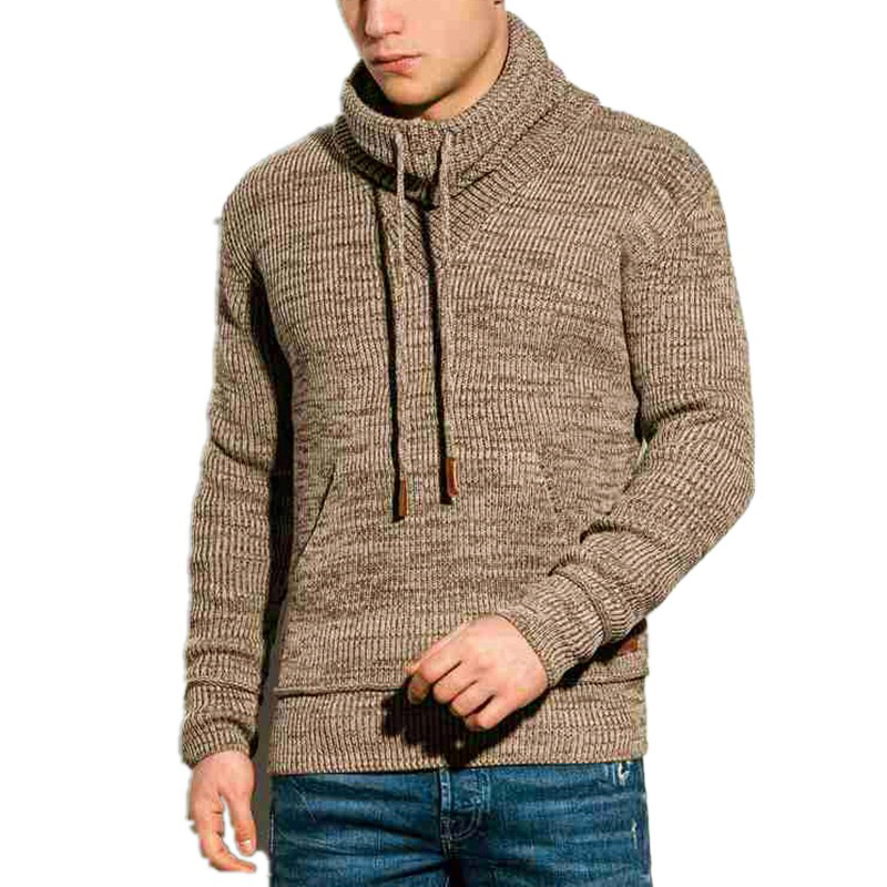 Men's FallWinter Drawstring Stand Collar Knit Long Sleeve Outer Sweater