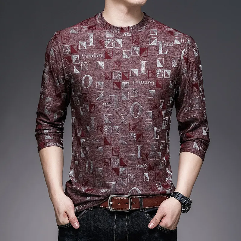 Printed T-shirt Men's Long Sleeve Bottom Shirt - Red