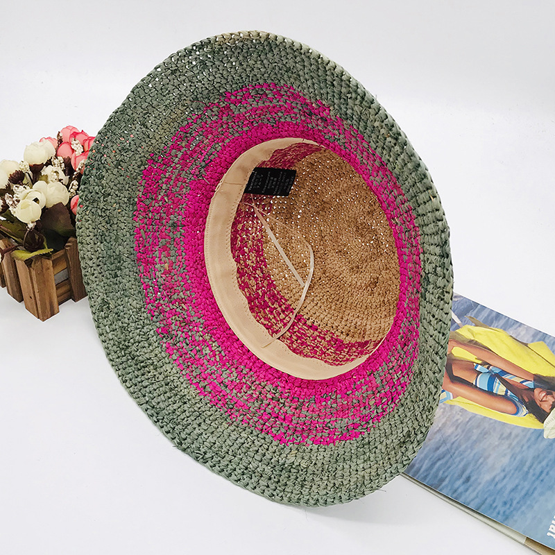 Raffia Crochet Shade Dome Flat Brim Women's Woven Straw Hat