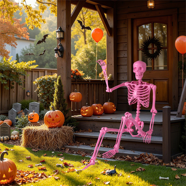 5.5 FT Pink Halloween Skeleton Decor  - No Assembly Needed, Integrated Hanging Rope, Playful-Spooky Vibe for Parties/Yards-15