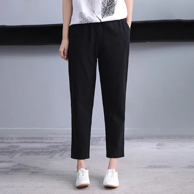 Women's Thin Radish Nine Points Cotton Linen Harem Pants Black - Shop at LoveMi
