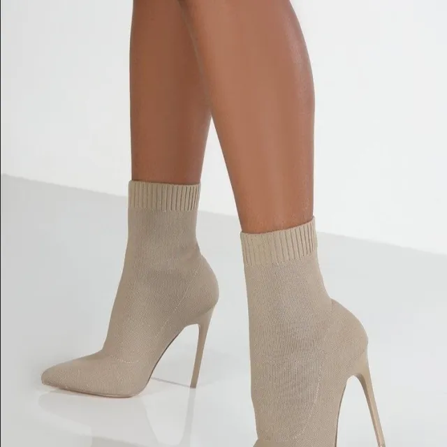 Women's High heel Point toe Knitted Stretch Boots Beige - Shop at LoveMi