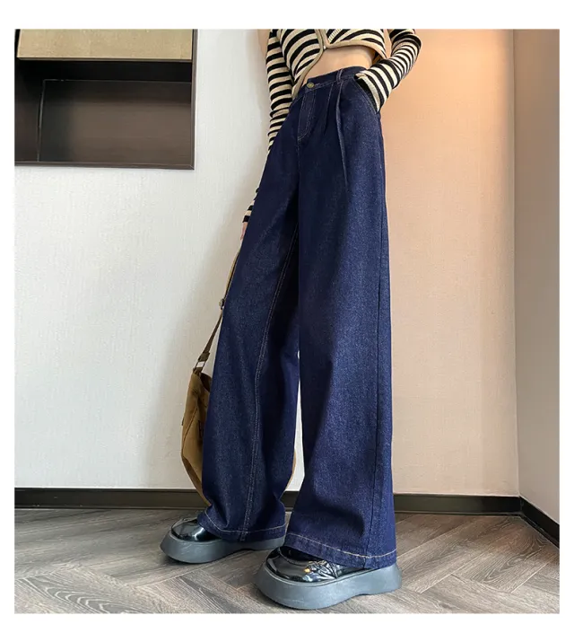 Dark Blue Jeans Women's Autumn Loose Large Size Wide Legs Dark Blue - Shop at LoveMi