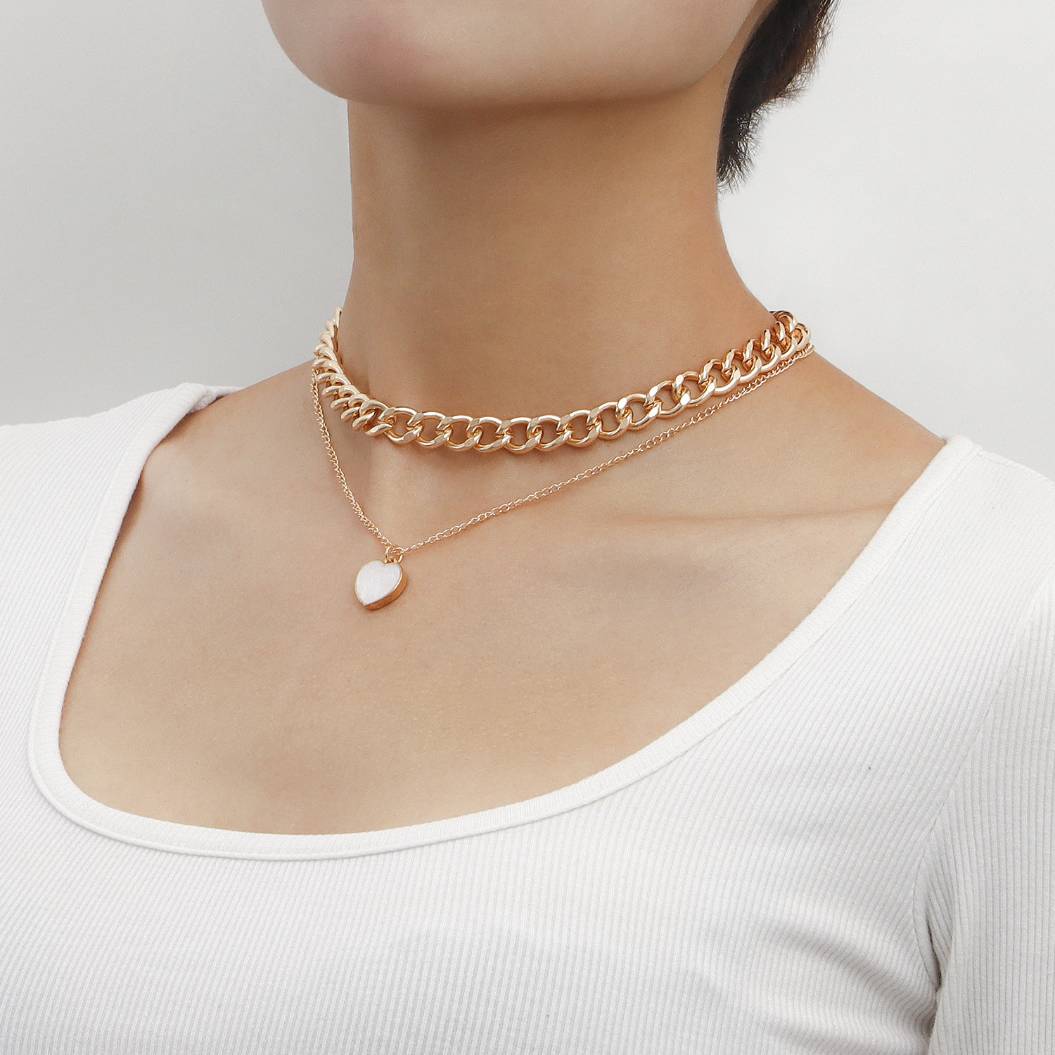 Women's Fashion Simple Double Layers Loving Heart Fritillary Pendant Necklace