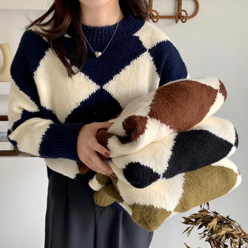 Lazy Style Retro Rhombus Women's Contrast Pullover Sweater