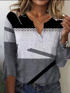 V Neck Printed Flare Sleeve T Shirt - Black White Line - View 1