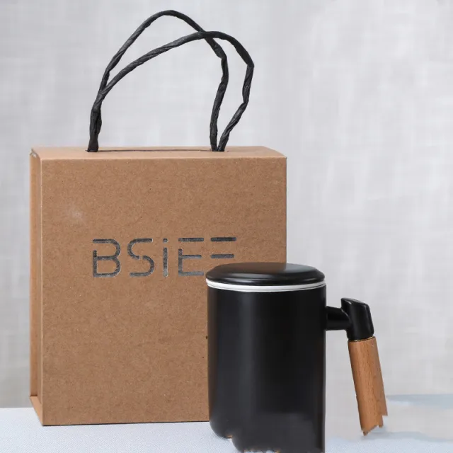Ceramic Wooden Handle Mug Water Cup With Lid Filter Black Cup Gift Box - Shop at LoveMi