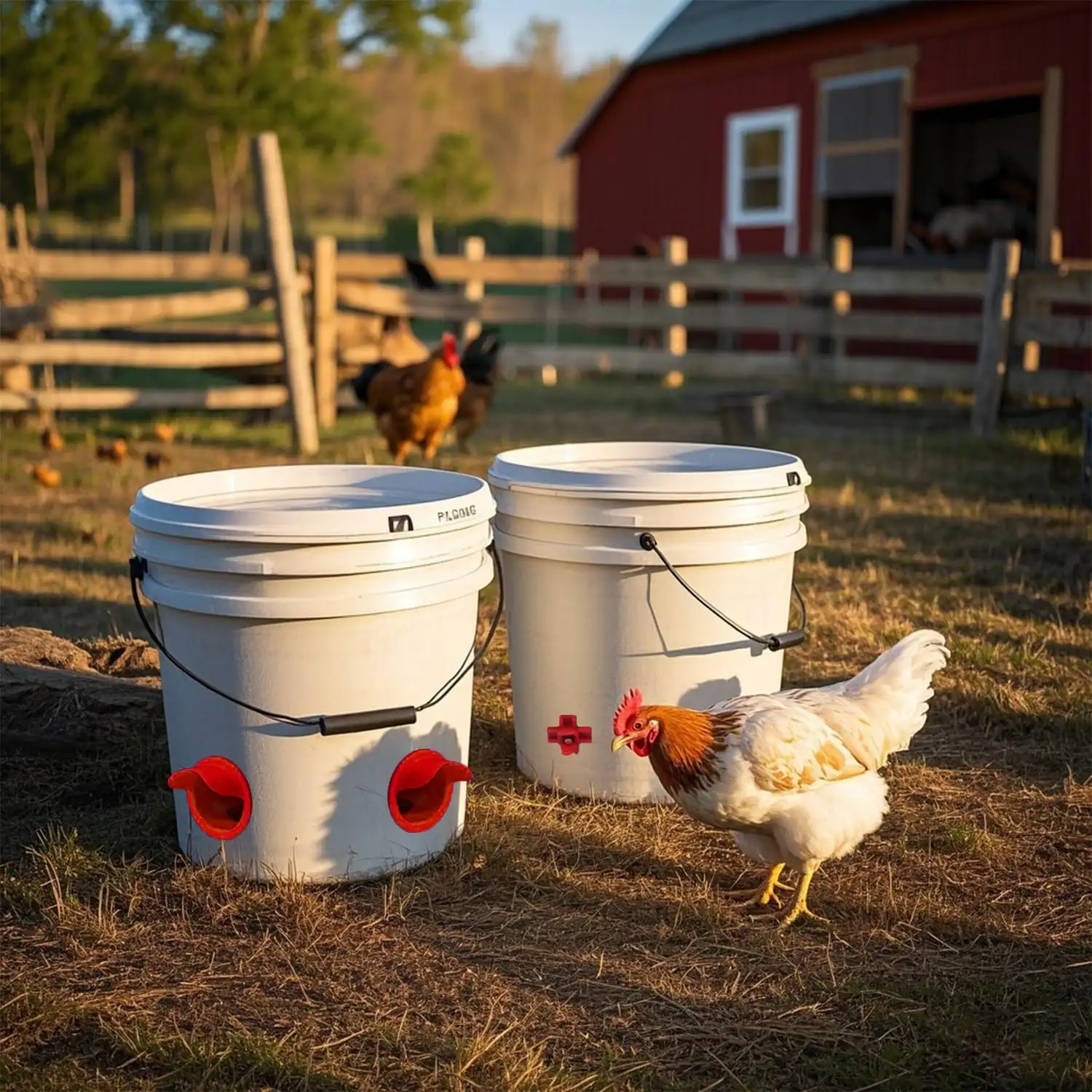 Durable Chicken Feeder Rain Proof Poultry Feeder Port Gravity Feed Kit For Buckets, Barrels, Bins, Troughs, Easy Clean - 6 Pack With Hole Saw For Easy Installat