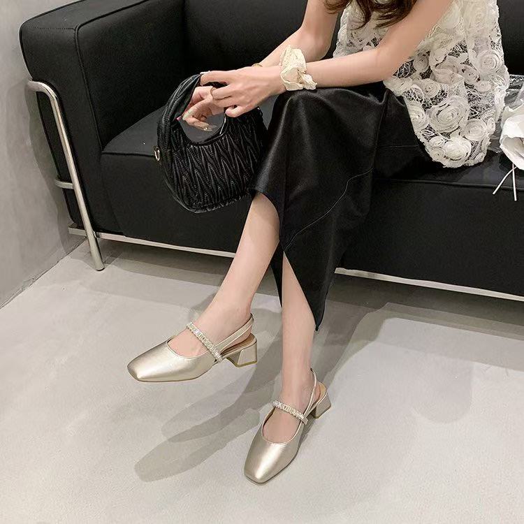 Women Comfort Square Toe Rhinestone Block Heel Closed Toe Sandals, New Arrival Summer 2026, Mid Heel Backless Mary Jane High Heels product image