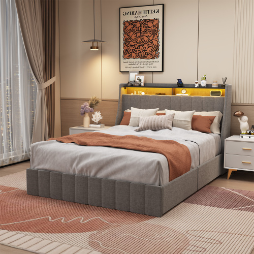 Full Size Bed Frame with LED Lights, 4 Storage Drawers, and Adjustable Wing Headboard-image