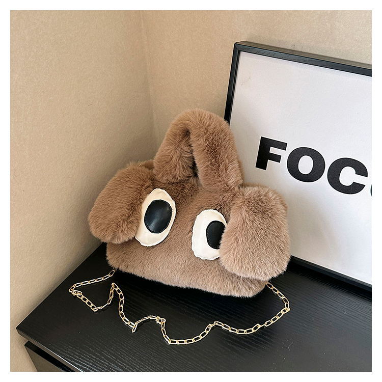 Cute Cartoon Big Eyes Dog Plush Bags For Women Winter Fashion Chains Handbags Designer Personalized Shoulder Crossbody Bag Brown - Shop at LoveMi