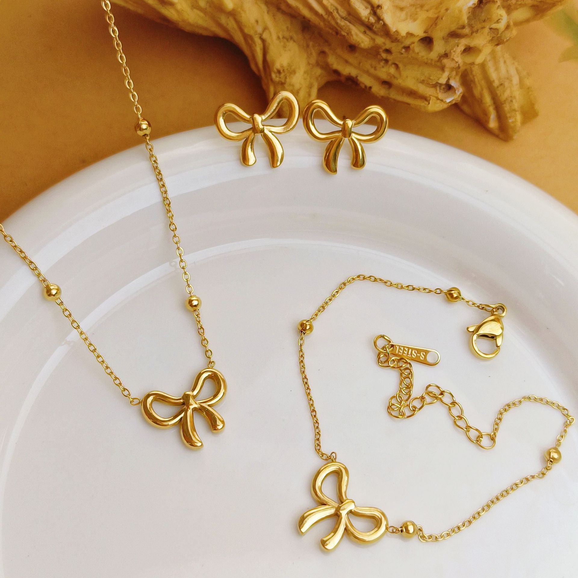 Gold Plated Stainless Steel Bow Jewelry Set For Women, Dainty Bow Pendant Necklace Bracelet Stud Earrings Set, Minimalist Stackable Jewelry Gift