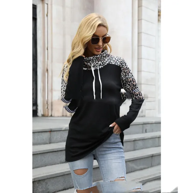 New Leopard Color Contrast High Neck Long Sleeve Sweatshirt Black - Shop at LoveMi