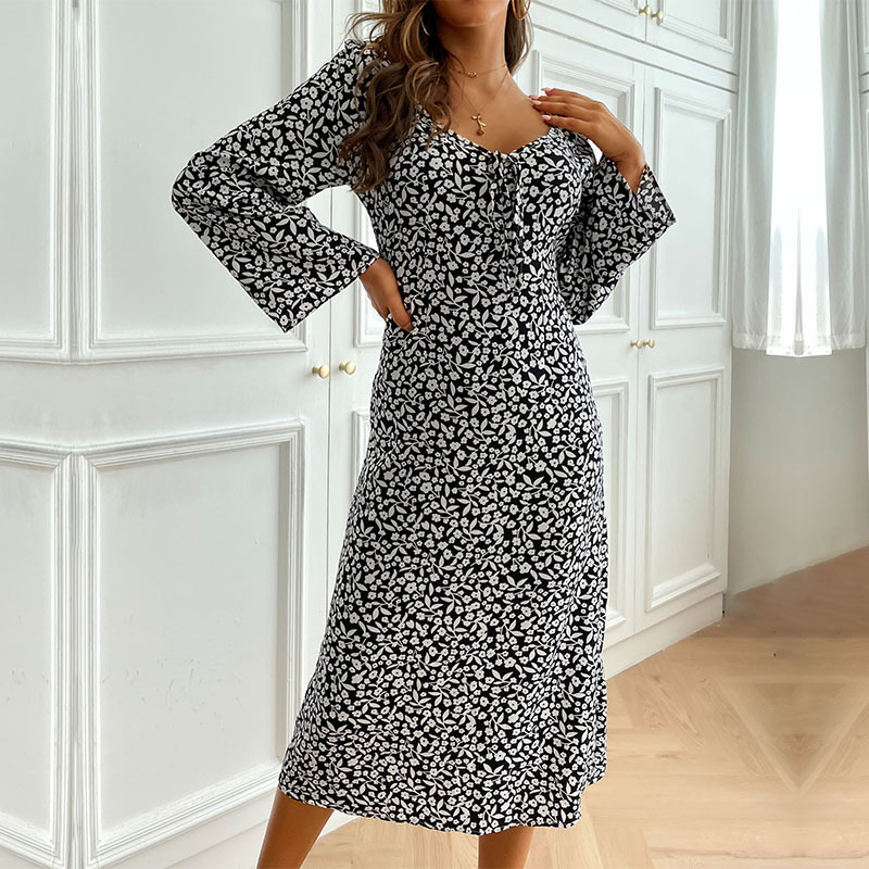Vintage Women's Backless Printed Long Sleeve Dress