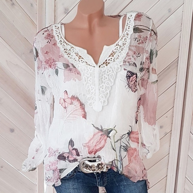 Long Sleeve V-neck Printed Top Chiffon Shirt