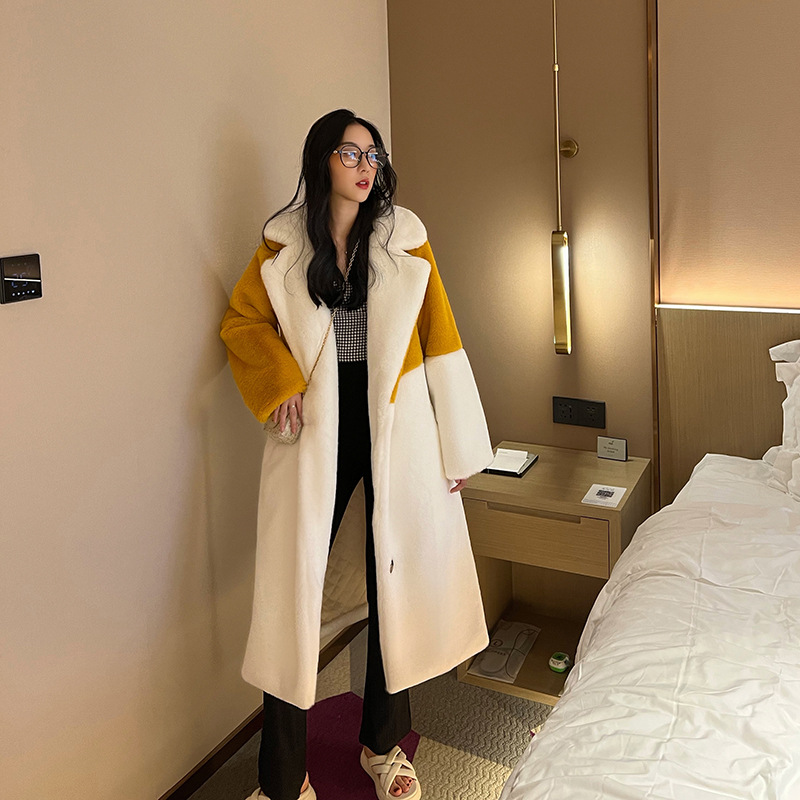 Faux Fur Color Block Suit Collar Warm Women's Coat White Yellow - Shop at LoveMi