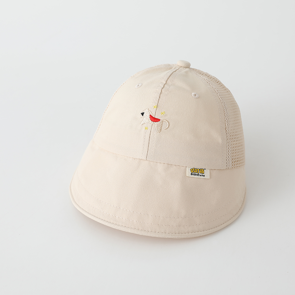 Summer Boys And Girls' Beige Cartoon Animal Embroidered Mesh Sun Hat For Children, Suitable For Daily Outings, Providing Breathability And Sun Protection