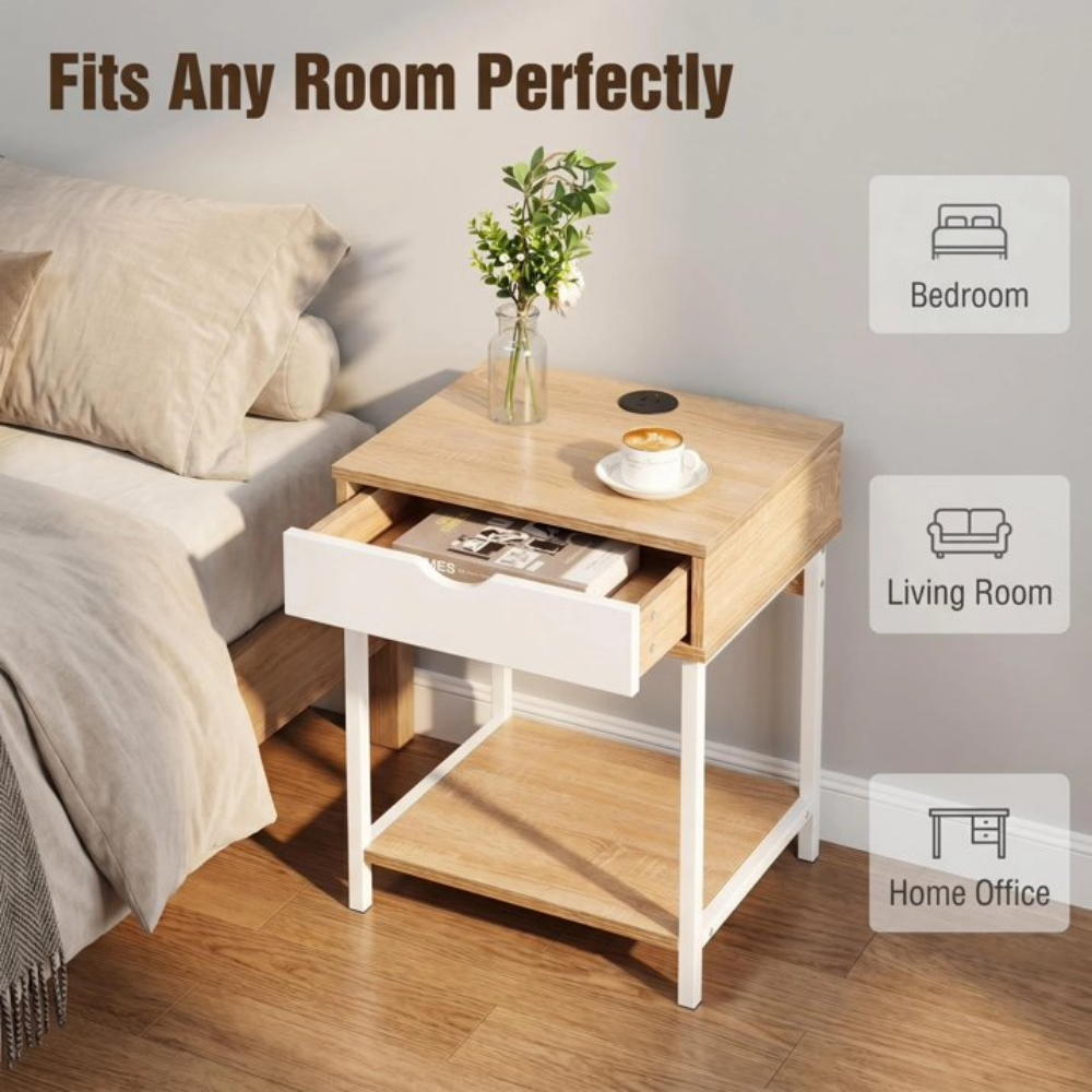 White Oak Grain Side Table-Nightstand With Drawer And Shelves Living Room Sofa Side Table, Bedroom Decorative Furniture, Easy To Install  Limited To Five Orders Per Address