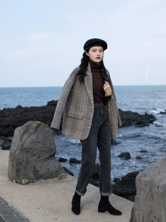 Retro Plaid Woolen Suit Jacket Women's Autumn And Winter Thick Warm Coat Short And Small Coffee - Shop at LoveMi