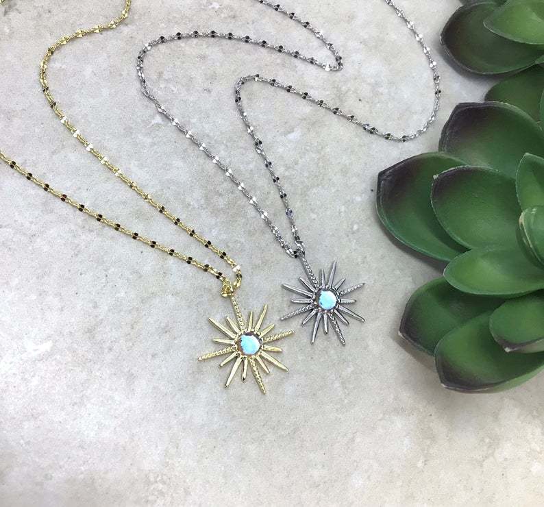 Boho Synthetic Opal Necklace Gold Sun God